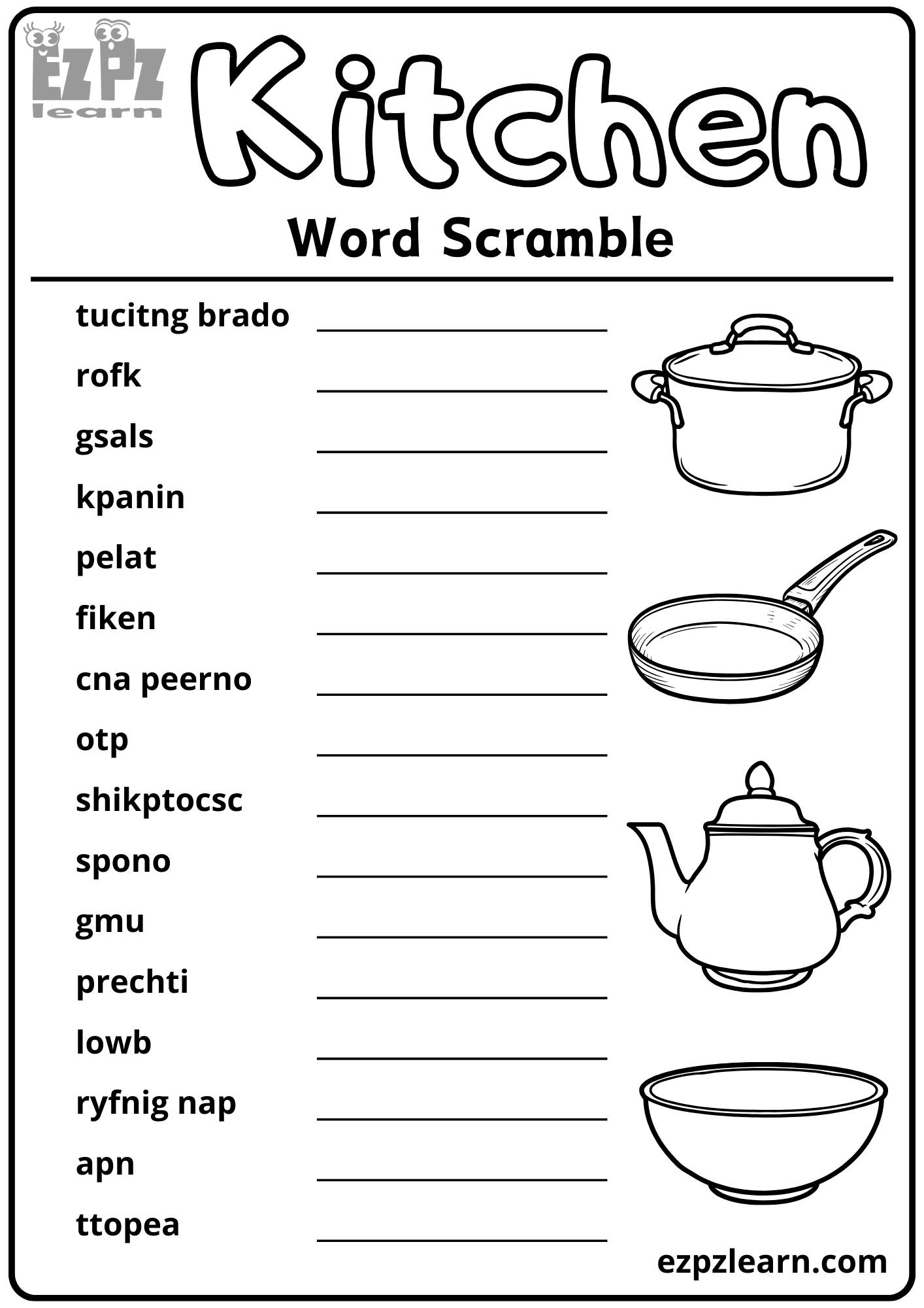 Kitchen Word Scramble 16 Words Vocabulary Activity Free Printable PDF